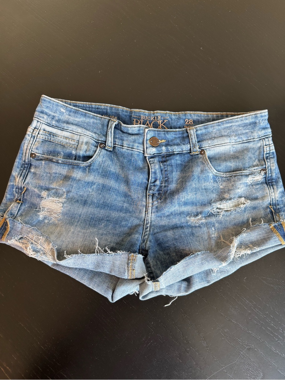 Vintage Buckle Women’s Distressed Denim Shorts - Blue